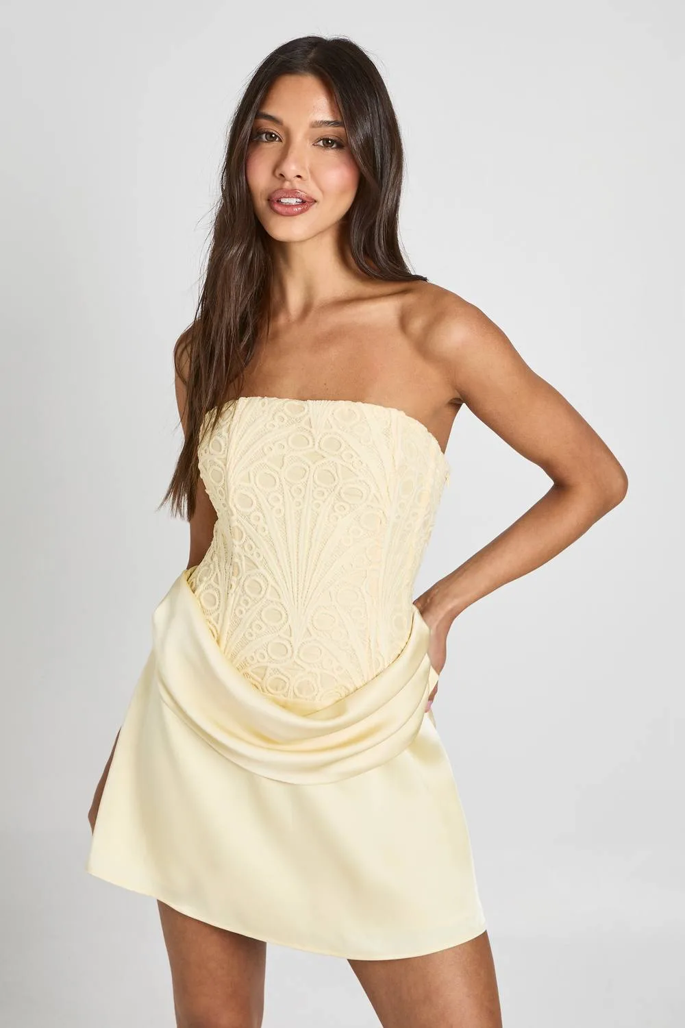 Textured Sheer Floral Lace Corset Drape Mini Dress - Satin/Woven