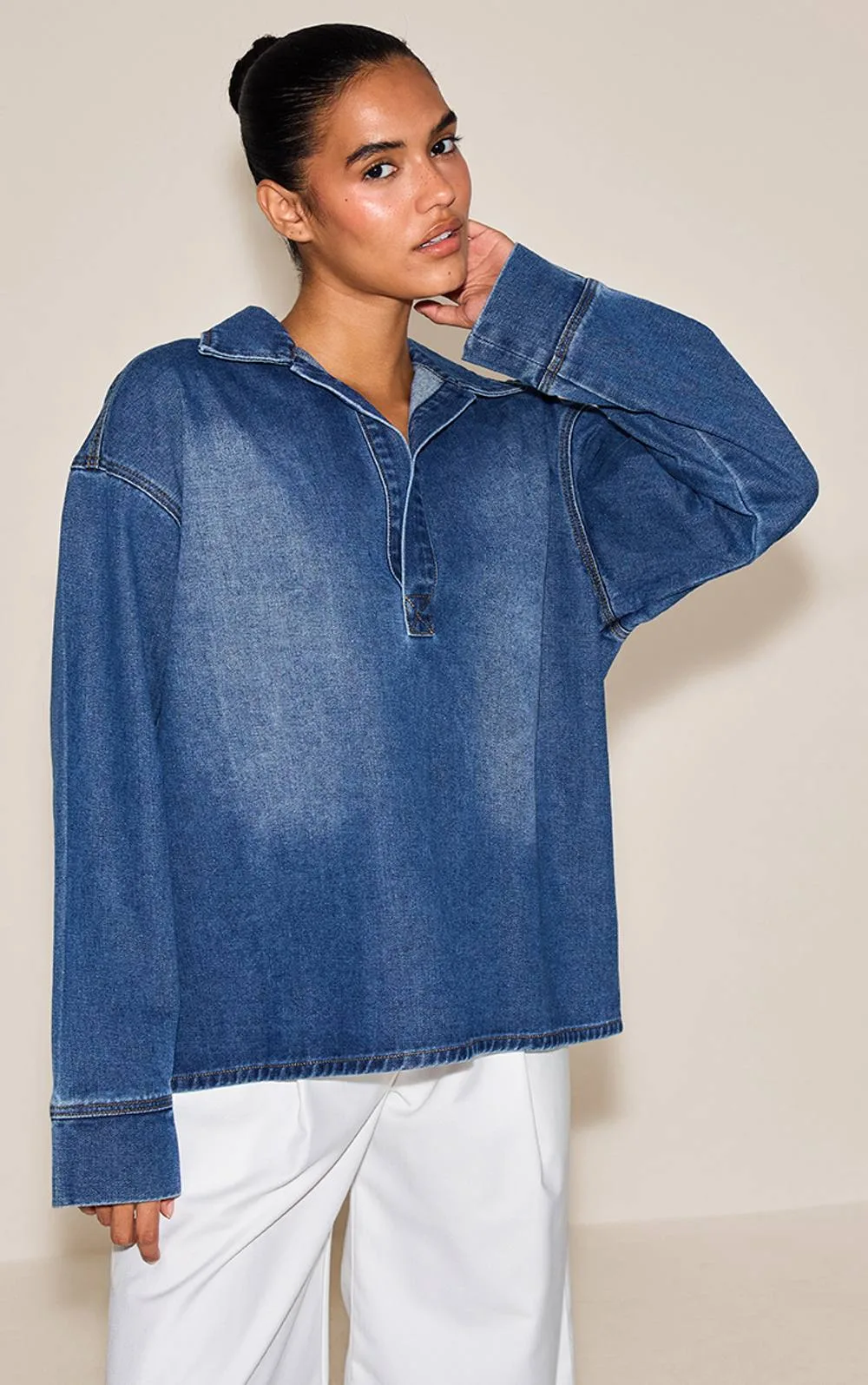 Long Sleeve Oversized Denim Rugby Shirt by PrettyLittleThing