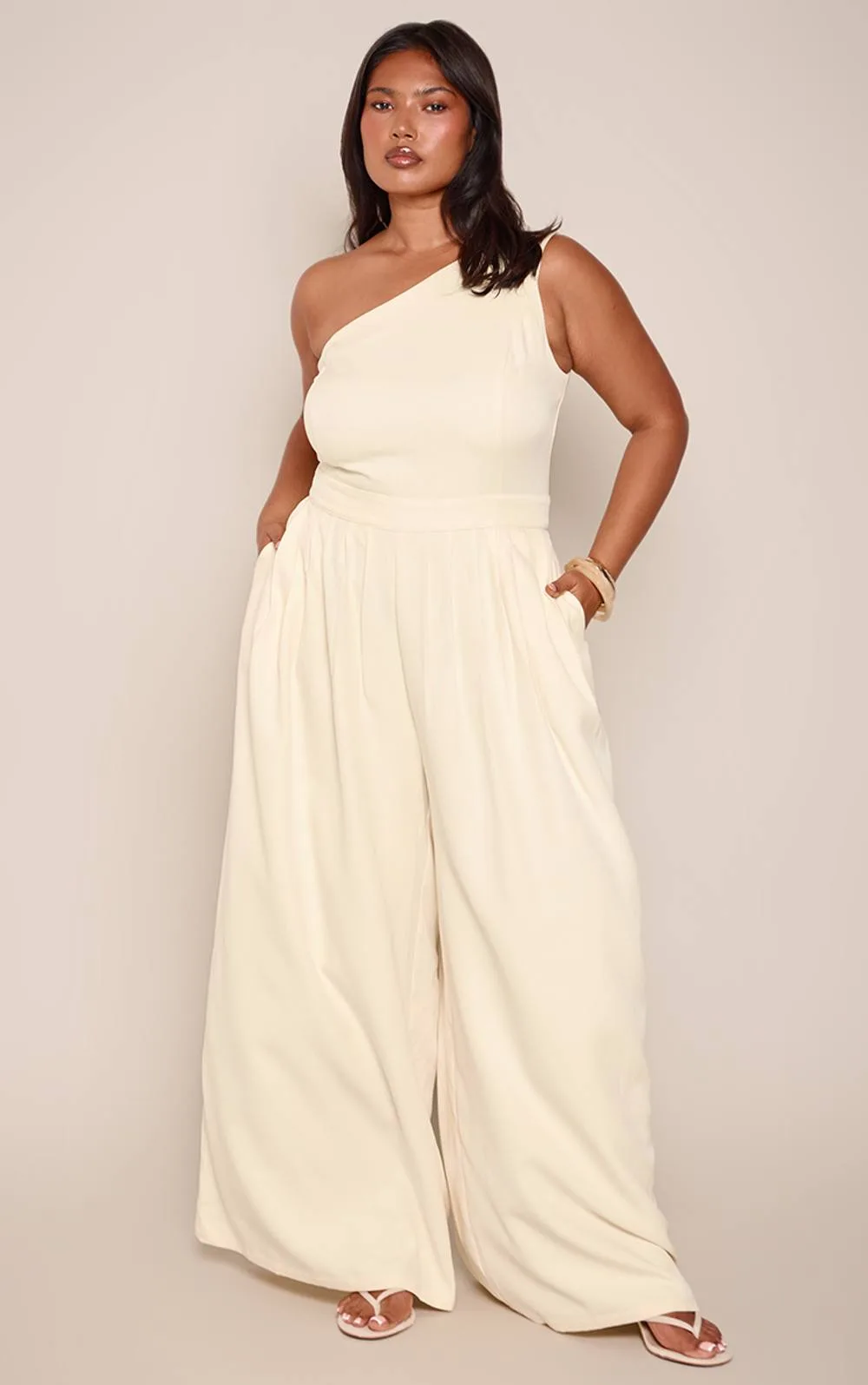 One Shoulder Pleated Wide Leg Jumpsuit by PrettyLittleThing