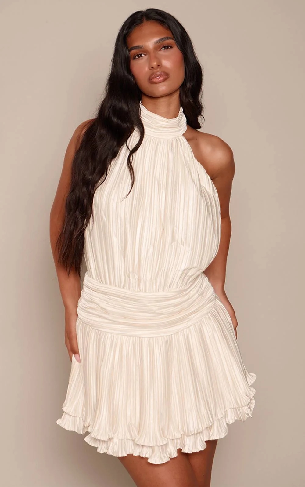 High Neck Plisse Tiered Hem Mini Dress