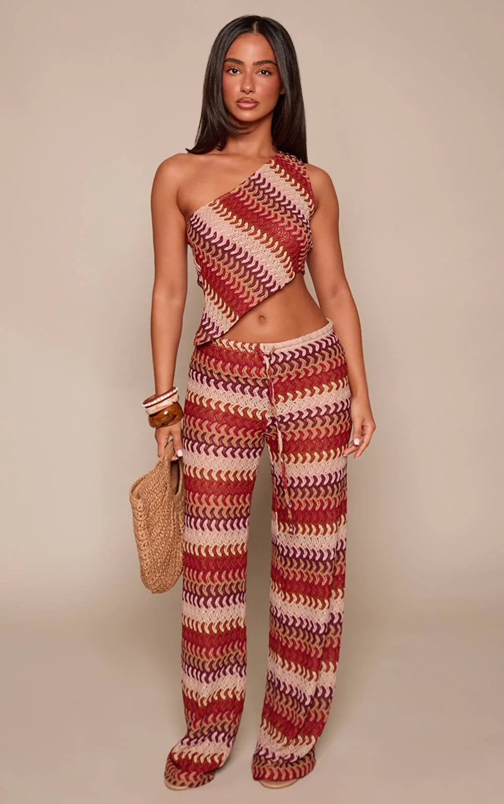 Patterned Tie Front Straight Leg Crochet Trousers by PrettyLittleThing