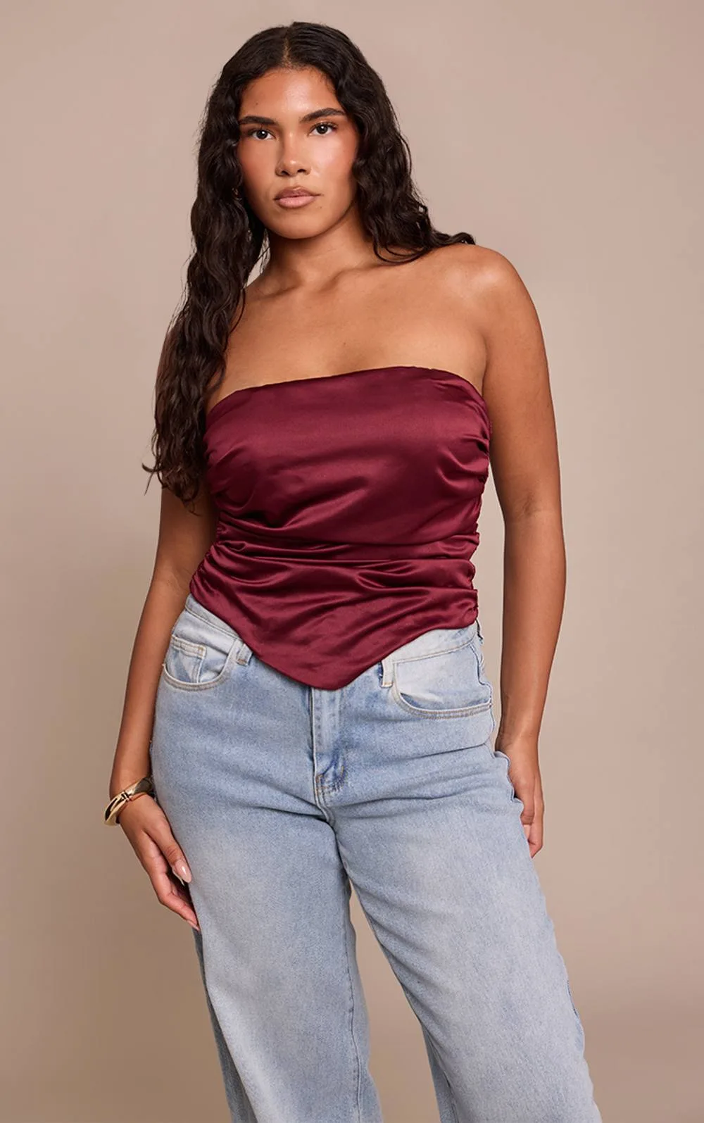 Shape Satin Ruched Bandeau Top Co-Ord by PrettyLittleThing