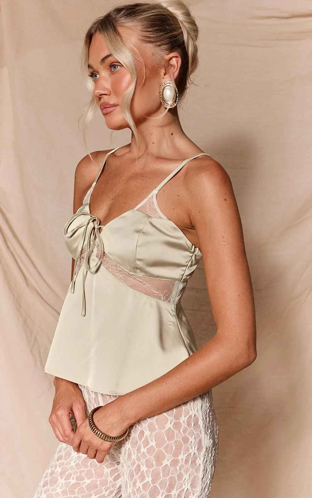 Satin Lace Contrast Tie Front Floaty Cami Top by PrettyLittleThing