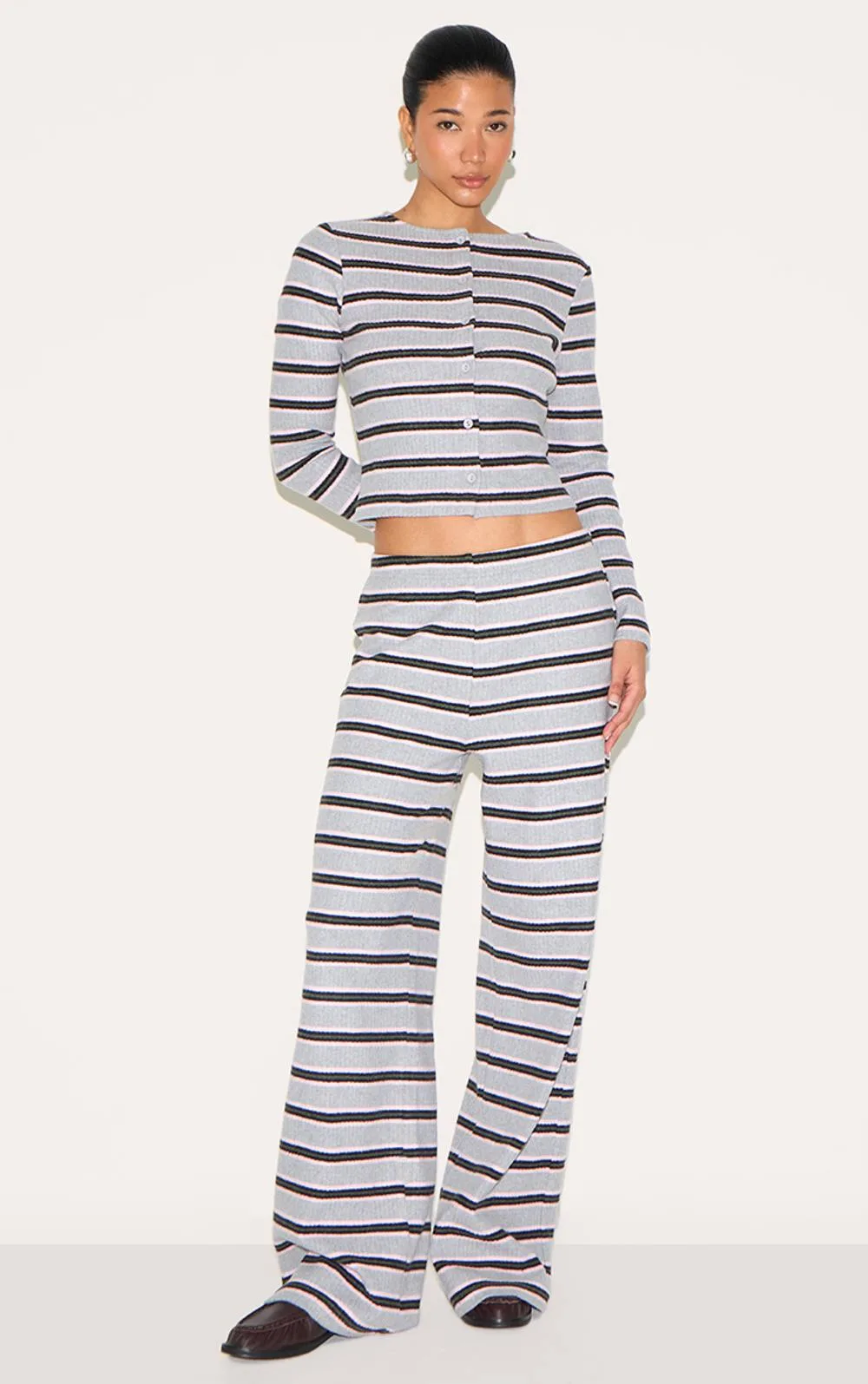 Brushed Rib Striped Mid Rise Wide Leg Trousers Co-Ord by PrettyLittleThing
