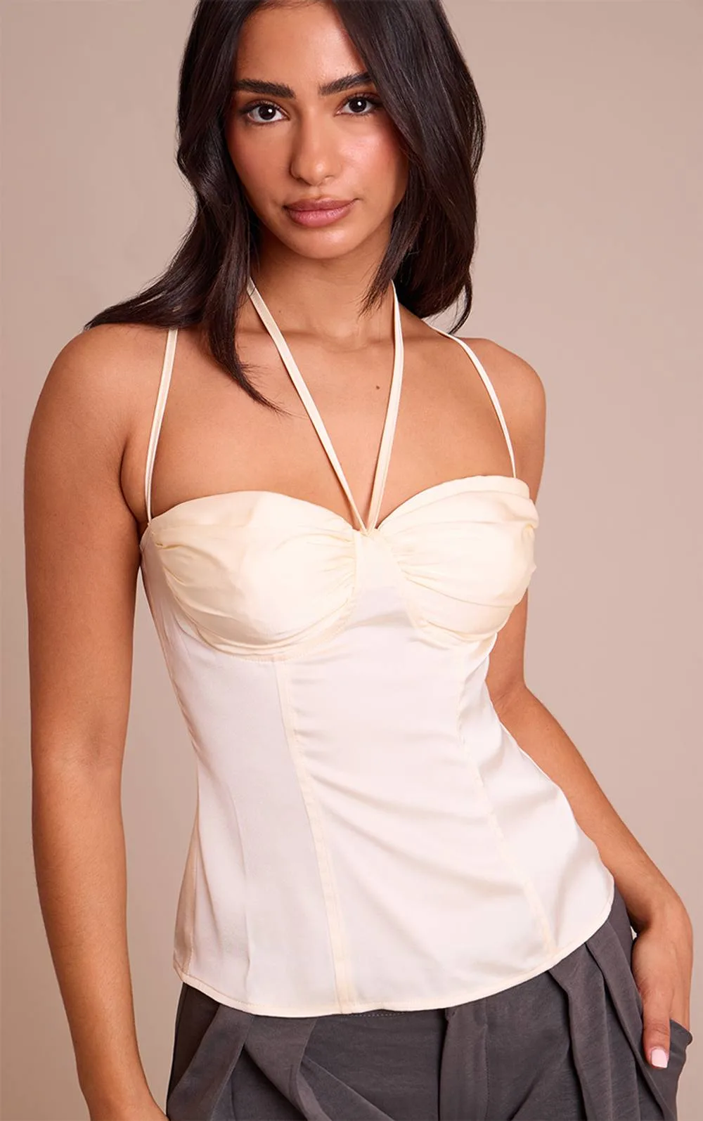 Satin Tie Front Strappy Cami Top by PrettyLittleThing