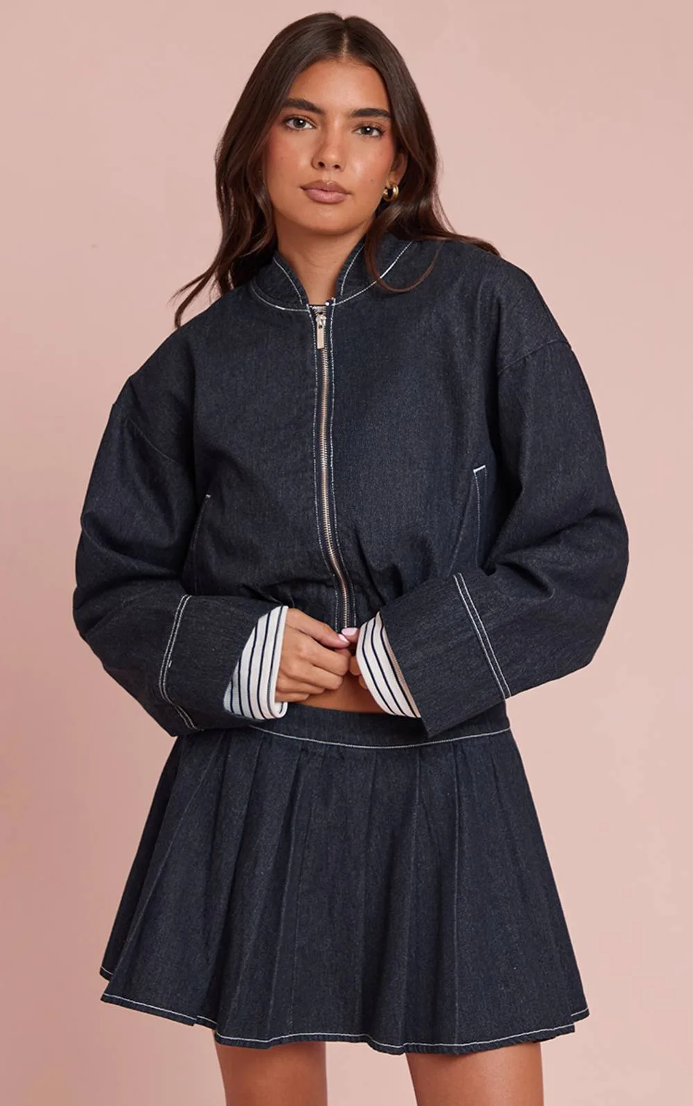 Bubble Hem Cropped Denim Bomber Jacket by PrettyLittleThing