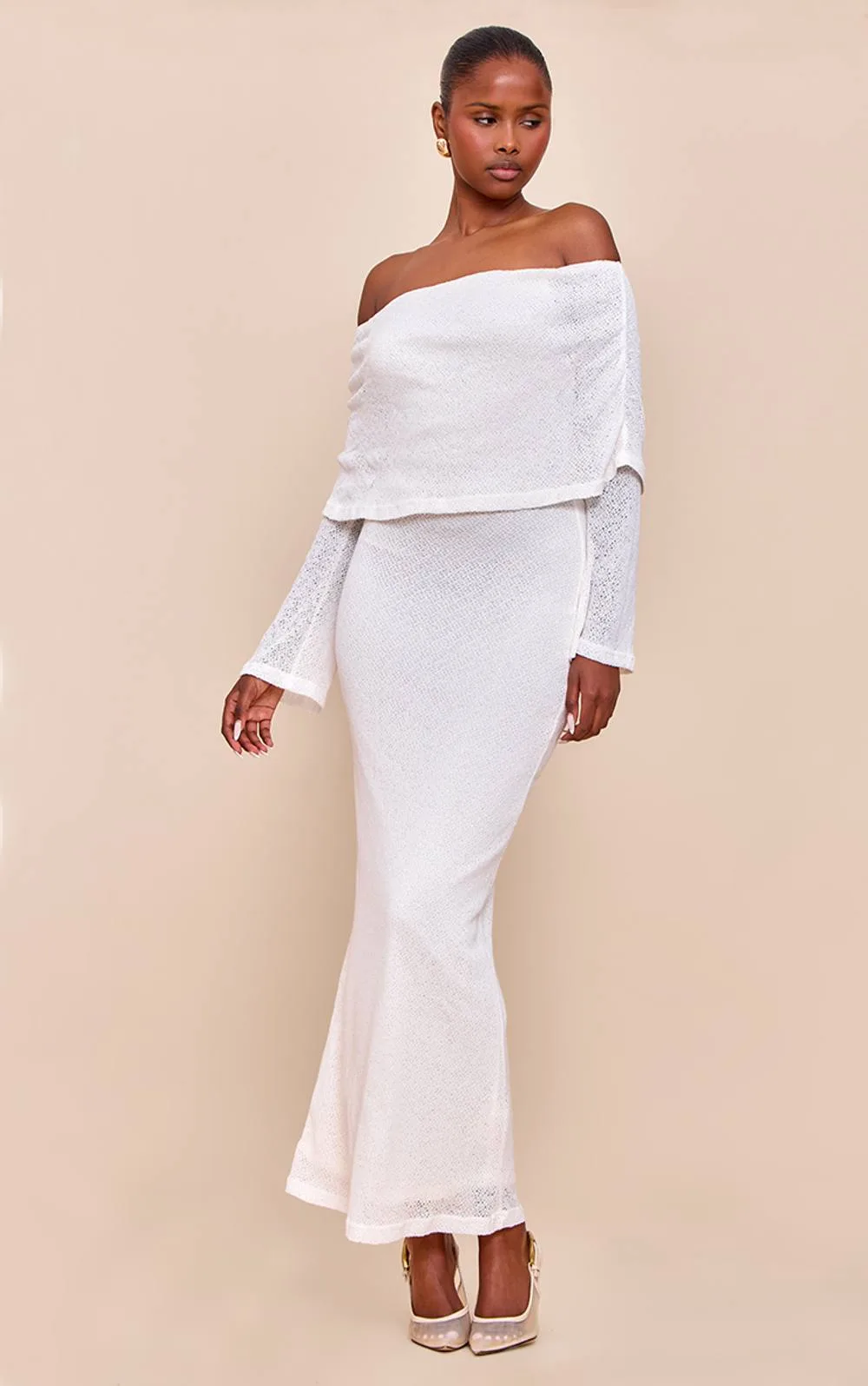 Textured Bardot Foldover Maxi Dress by PrettyLittleThing