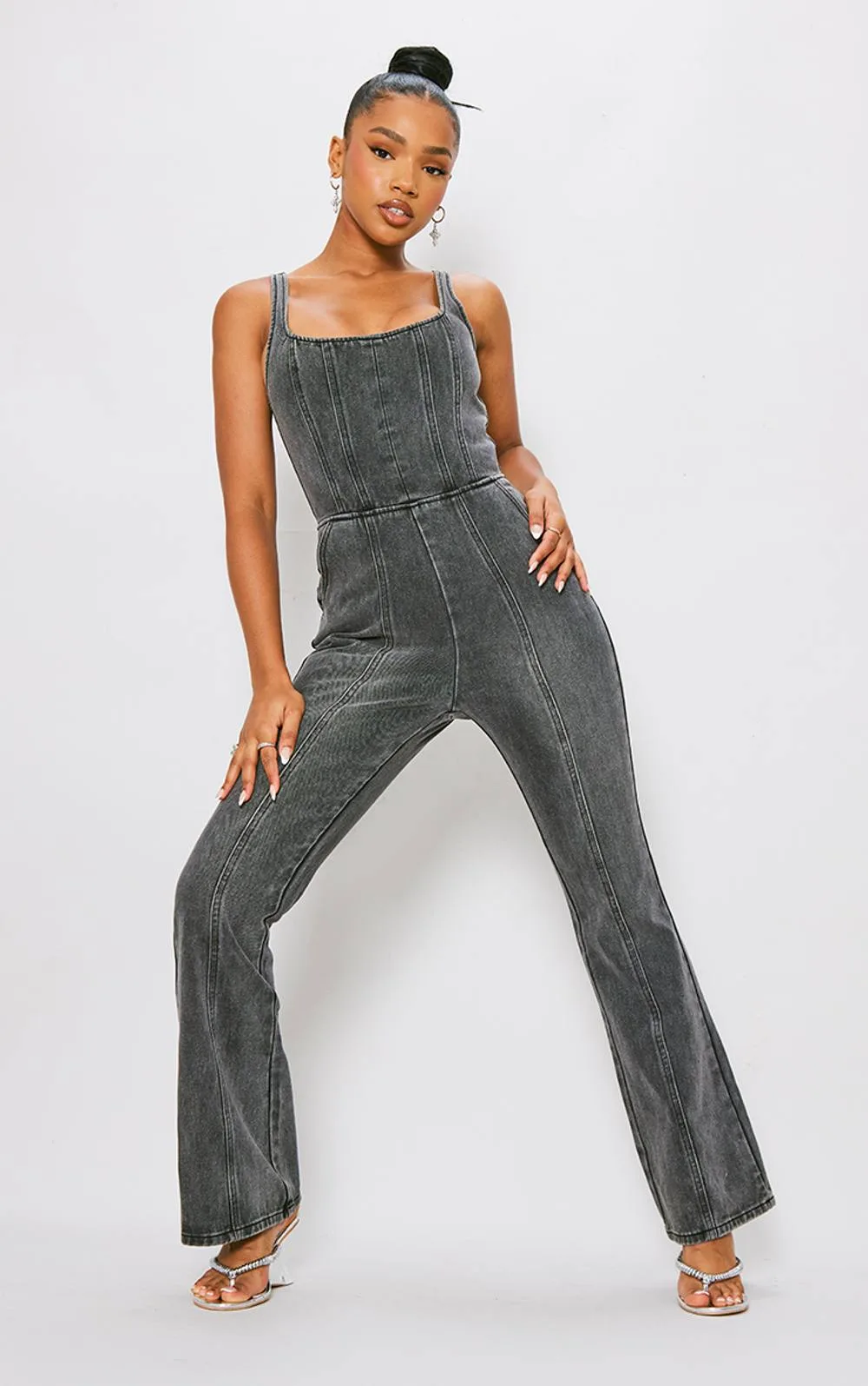 Seam Detail Bodice Flared Denim Jumpsuit by PrettyLittleThing
