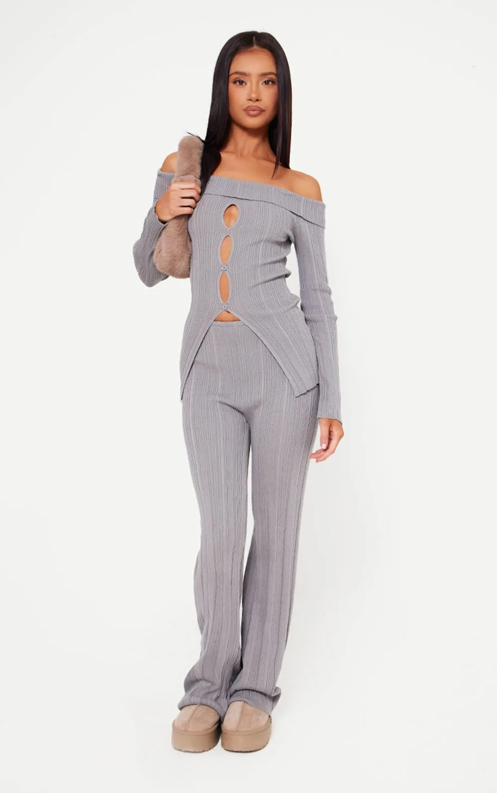 Rib Knit Flared Trousers by PrettyLittleThing