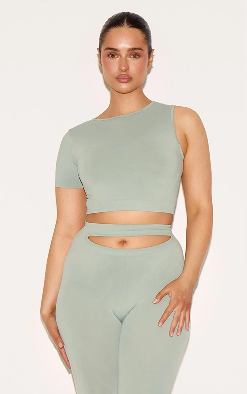 Shape Sage Green Soft Seamless One Sleeve Crop Top Co-Ord by PrettyLittleThing