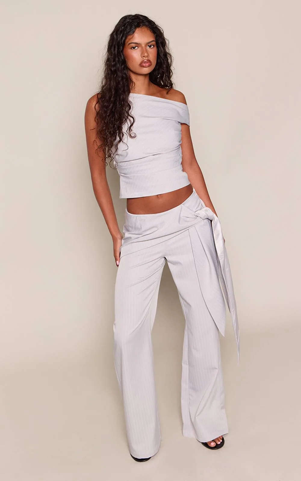 Light Grey Stripe Tailored Wrap Detail Wide Leg Trousers by PrettyLittleThing