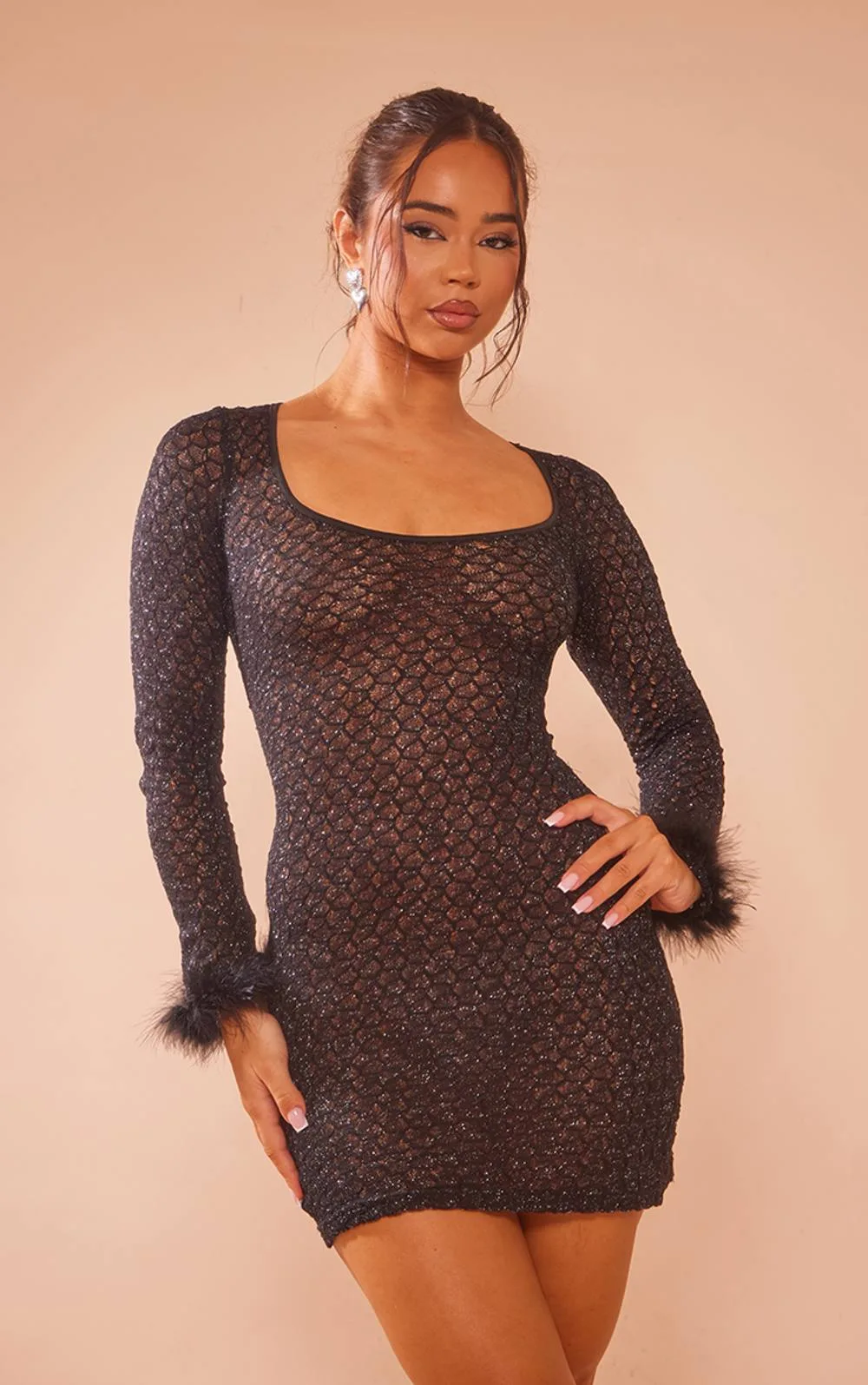 Textured Glitter Feather Cuff Long Sleeve Bodycon Dress by PrettyLittleThing