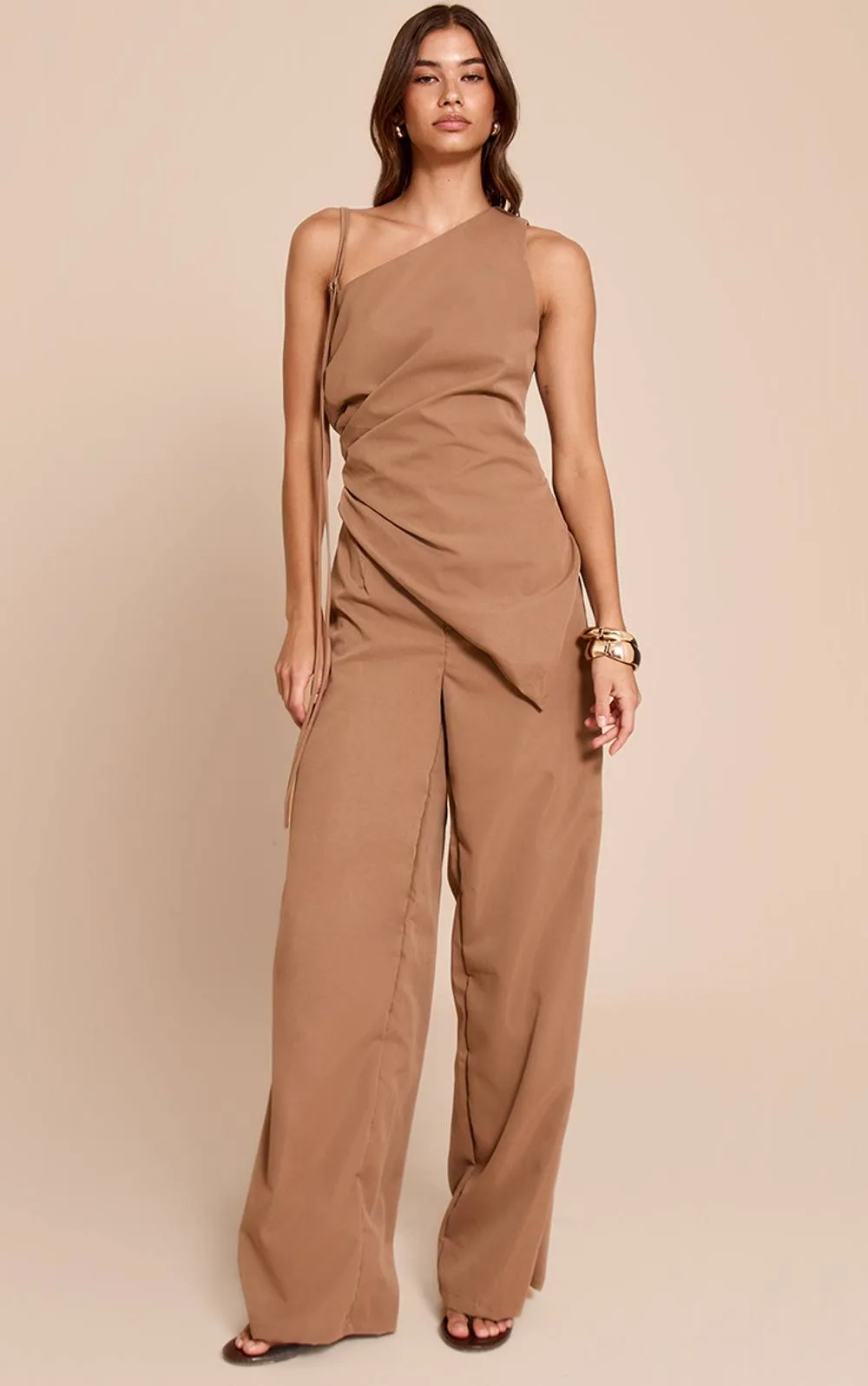 Woven One Shoulder Wide Leg Jumpsuit by PrettyLittleThing