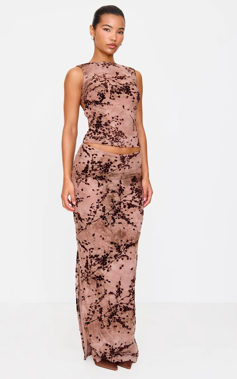 Floral Print Devore Mesh Ruched Maxi Skirt Co-Ord by PrettyLittleThing