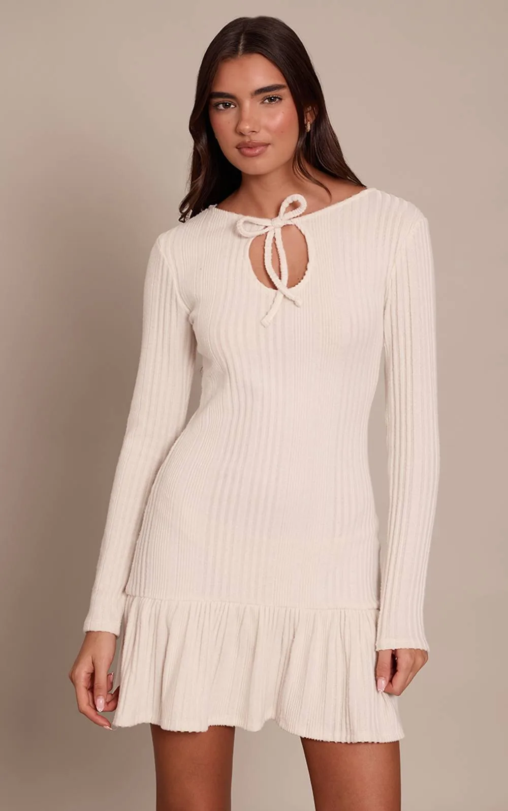 Ribbed Keyhole Detail Long Sleeve Shift Dress by PrettyLittleThing