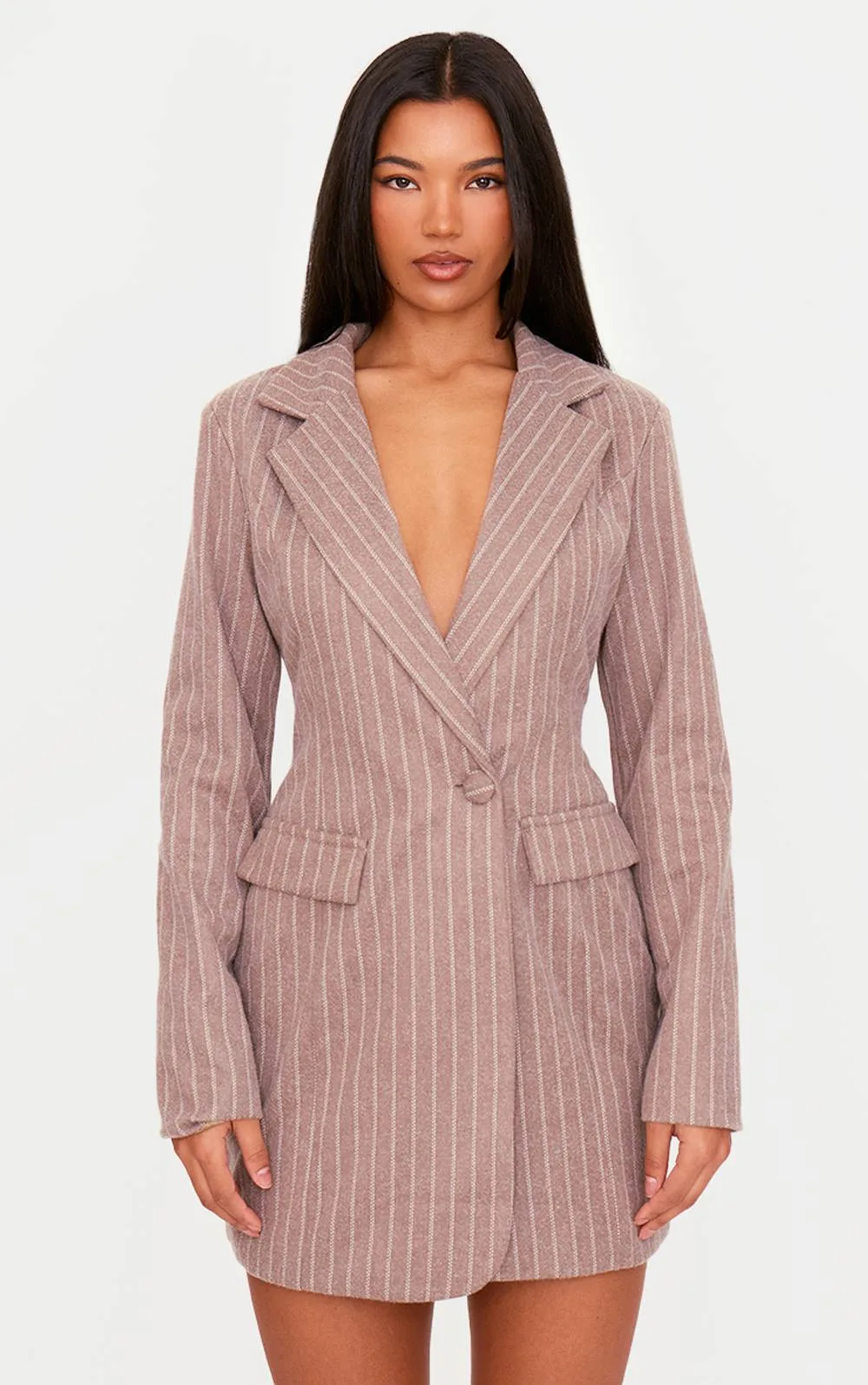 Brushed Woven Pinstripe Cinched Waist Blazer Dress by PrettyLittleThing