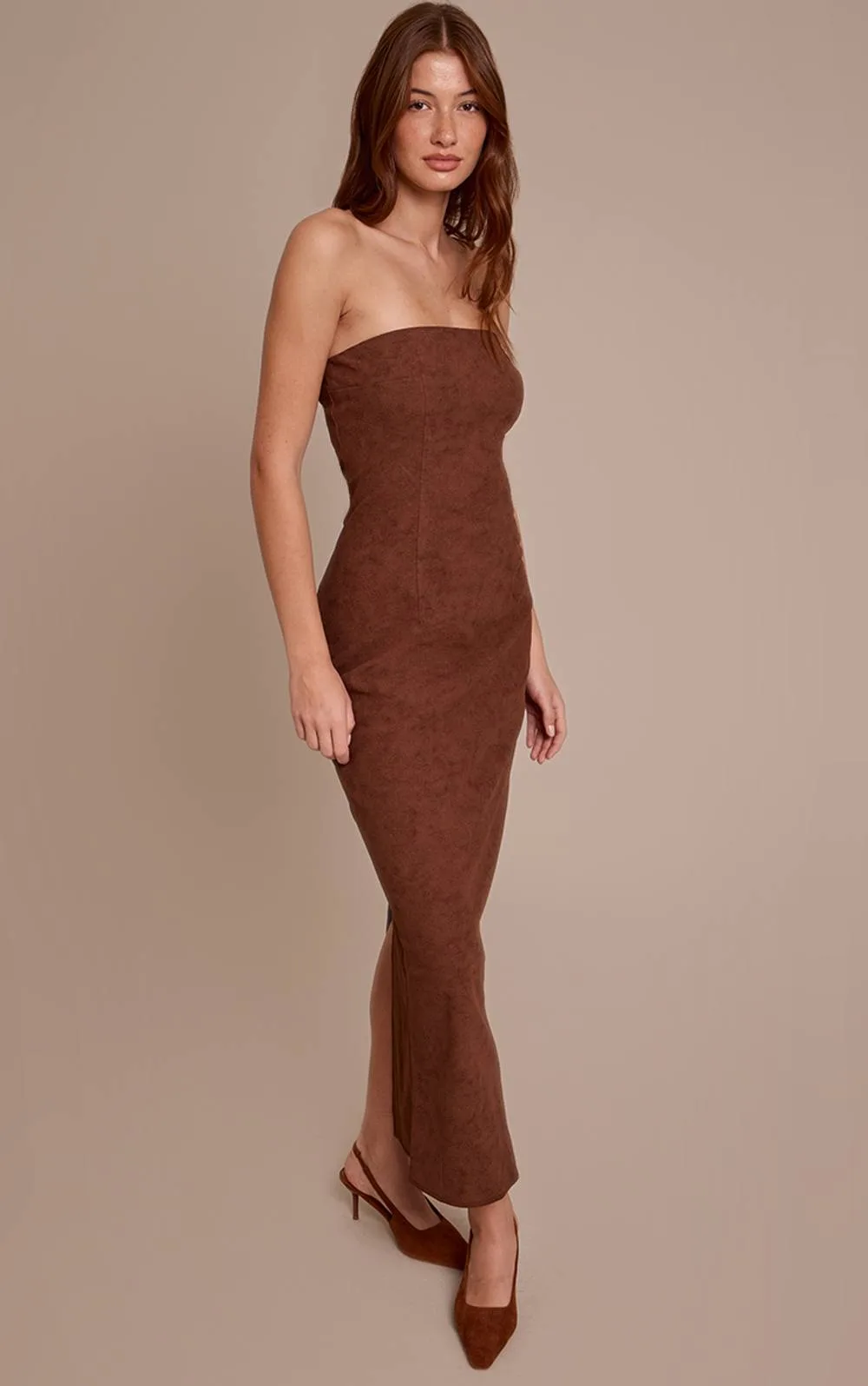 Faux Suede Bandeau Maxi Dress by PrettyLittleThing