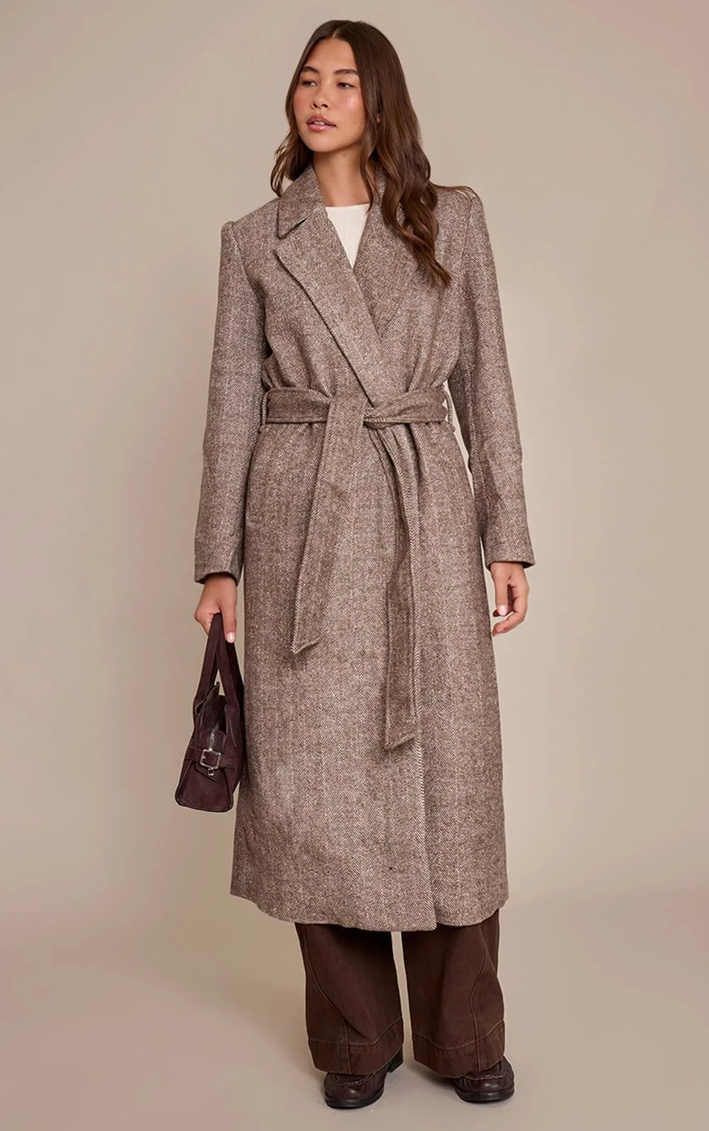 Herringbone Tie Waist Maxi Coat by PrettyLittleThing