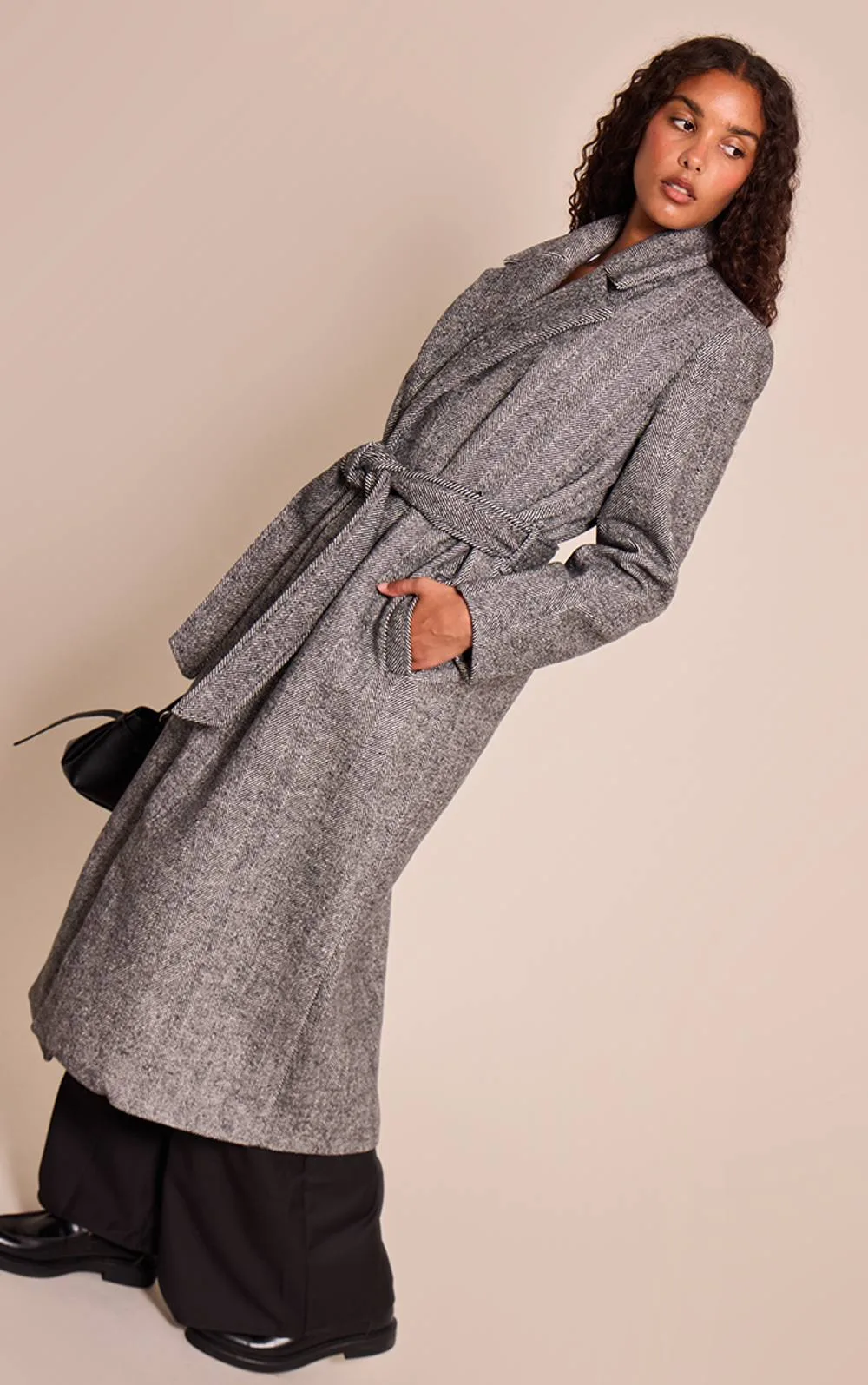 Herringbone Tie Waist Maxi Coat