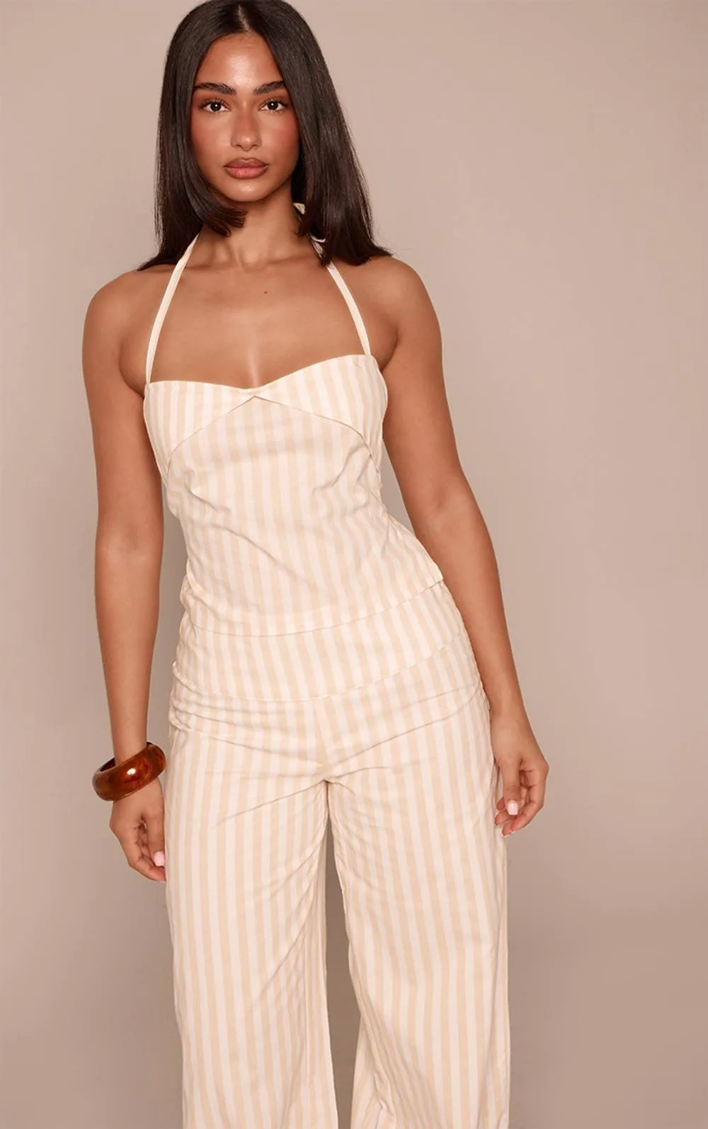 Pinstripe Foldover Halterneck Linen Look Top Co-Ord