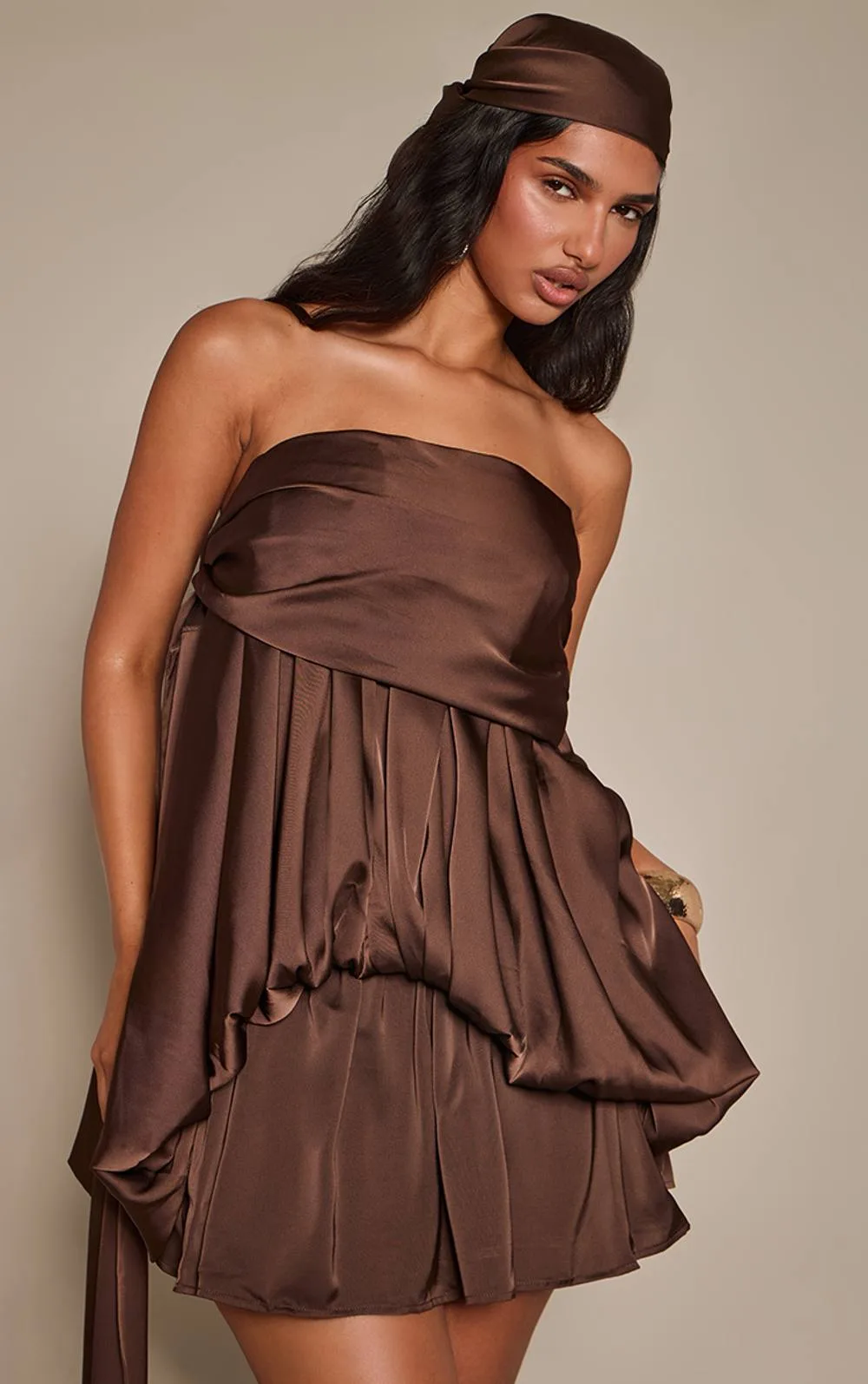 Satin Bandeau Drape Detail Floaty Dress by PrettyLittleThing