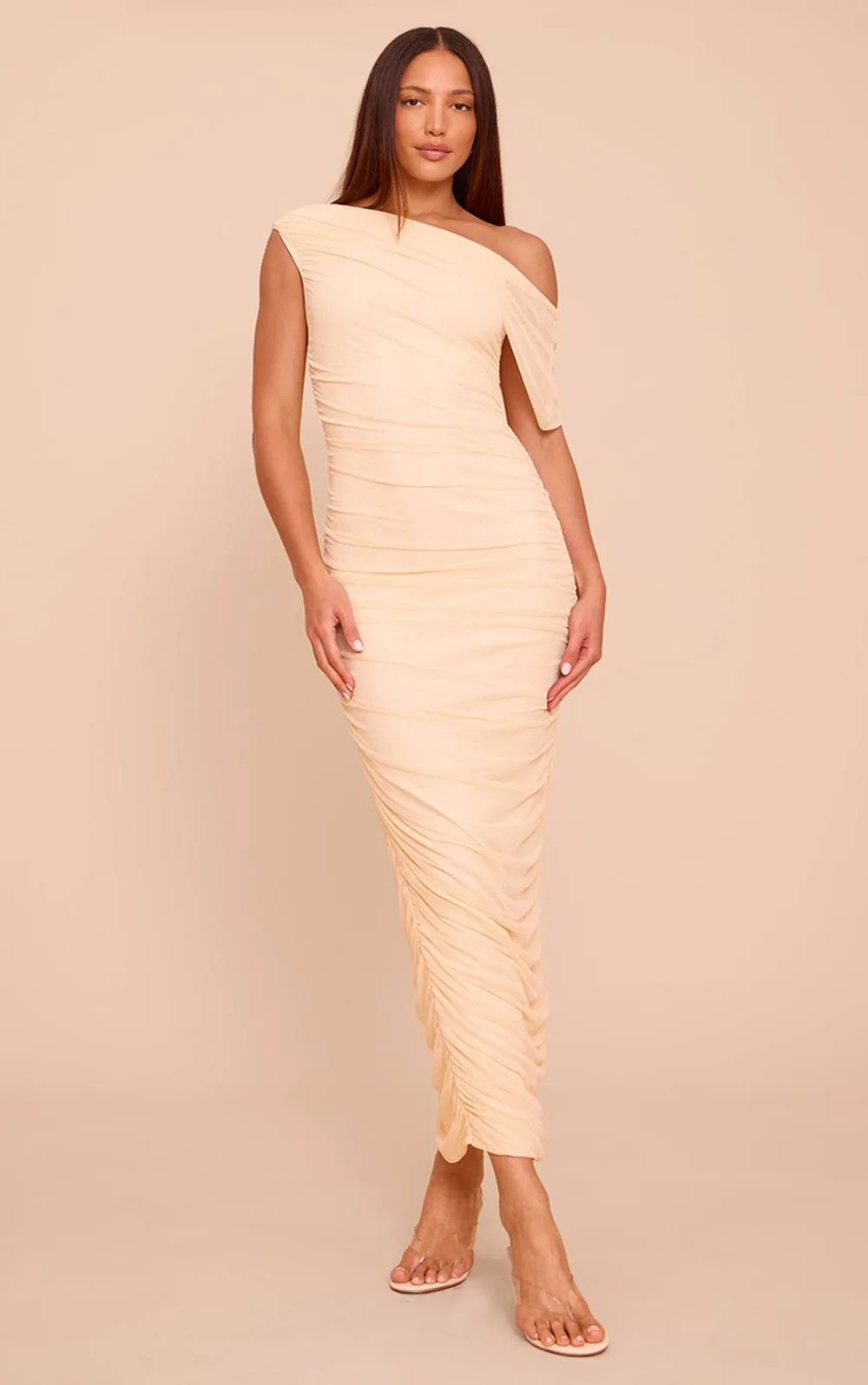 Mesh Overlay One Shoulder Ruched Maxi Dress by PrettyLittleThing