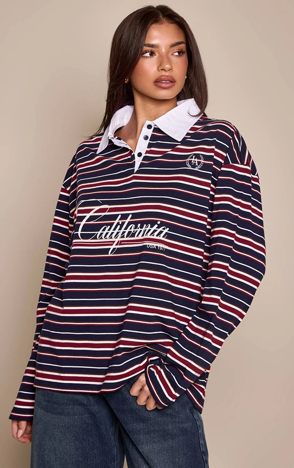California Print Striped Collar Detail Long Sleeve T-Shirt by PrettyLittleThing
