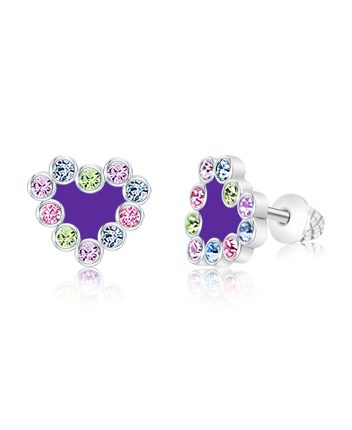 Heart Purple Enamel Crystal White Gold Palladium Plating Screwstud Earring by Chanteur