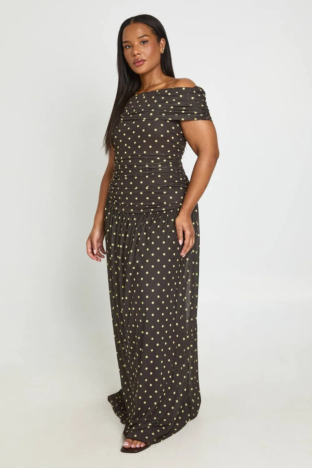 Polka Dot Ruched Drop Waist Maxi Dress by boohoo