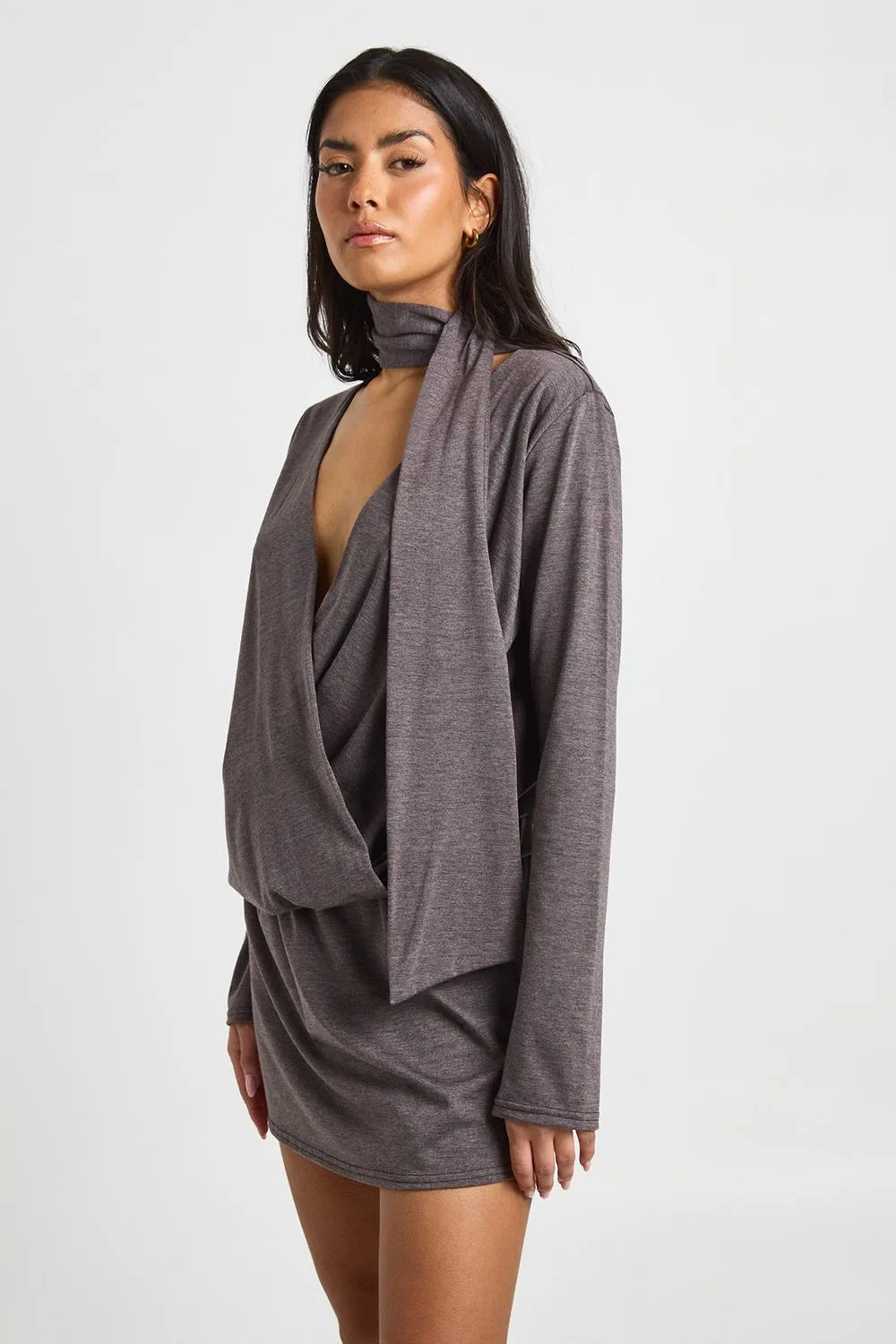 Marl Scarf Detail Wrap Skater Dress by boohoo
