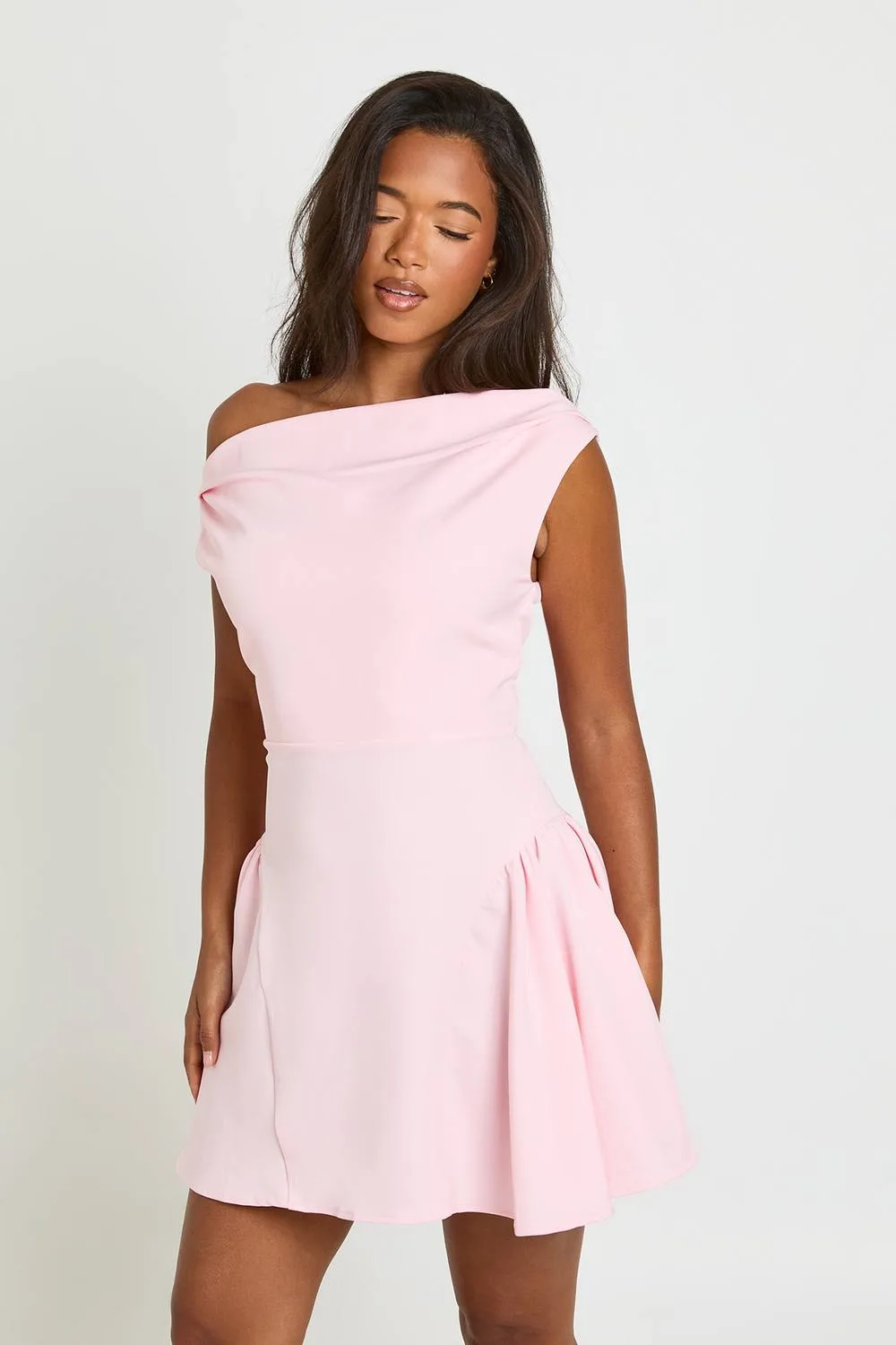 Tailored Asymmetric Drape Neck Skater Dress