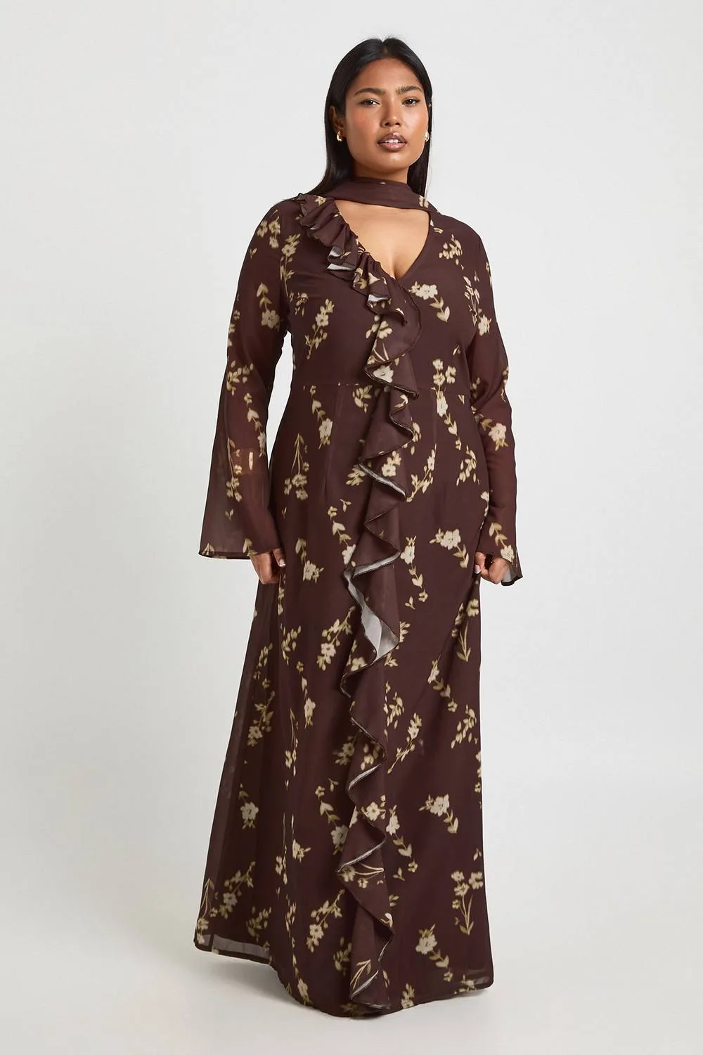 Ruffle Front Seam Scarf Detail Maxi Dress by boohoo