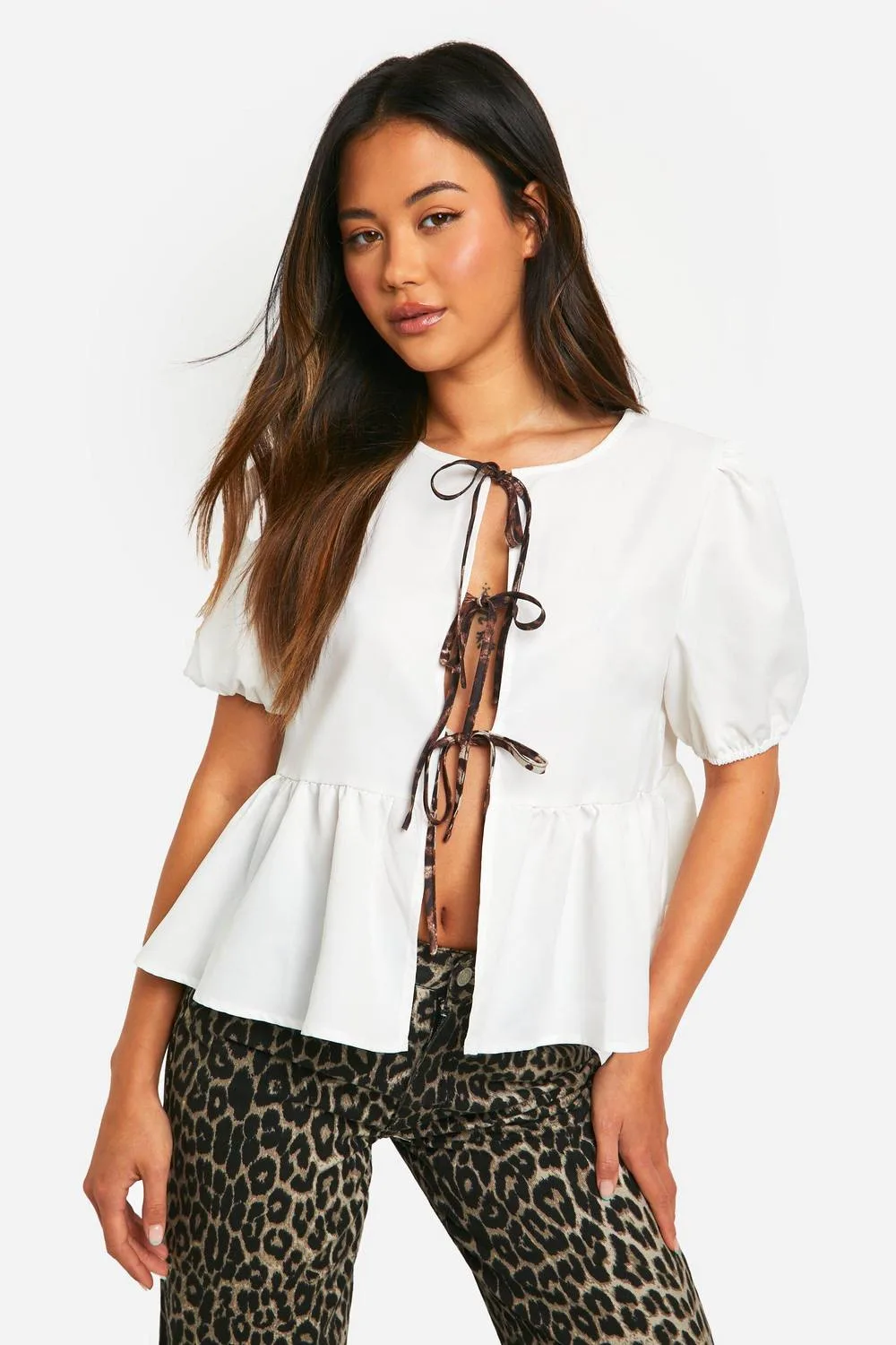 Contrast Leopard Tie Bow Top by boohoo
