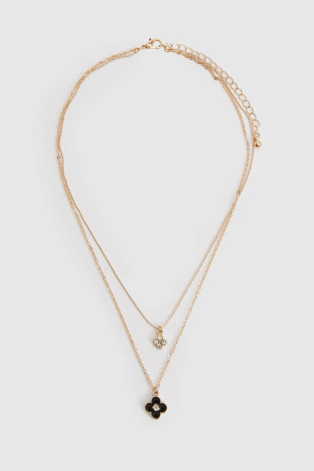 Diamante & Black Enamel Clover Layered Necklace