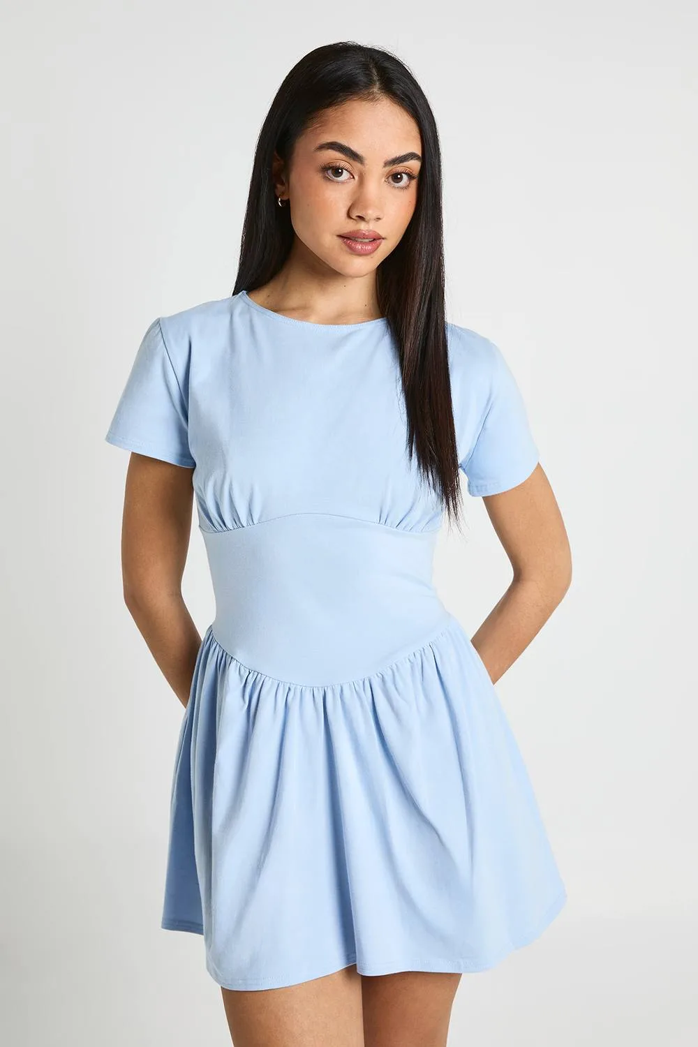 Cotton Cinched Waist Cap Sleeve Skater Dress in Baby Blue