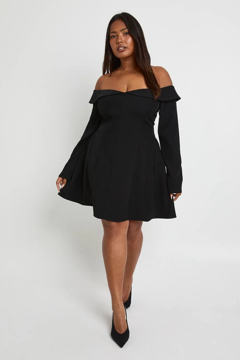 Long Sleeve Bardot Structured Skater Dress by boohoo