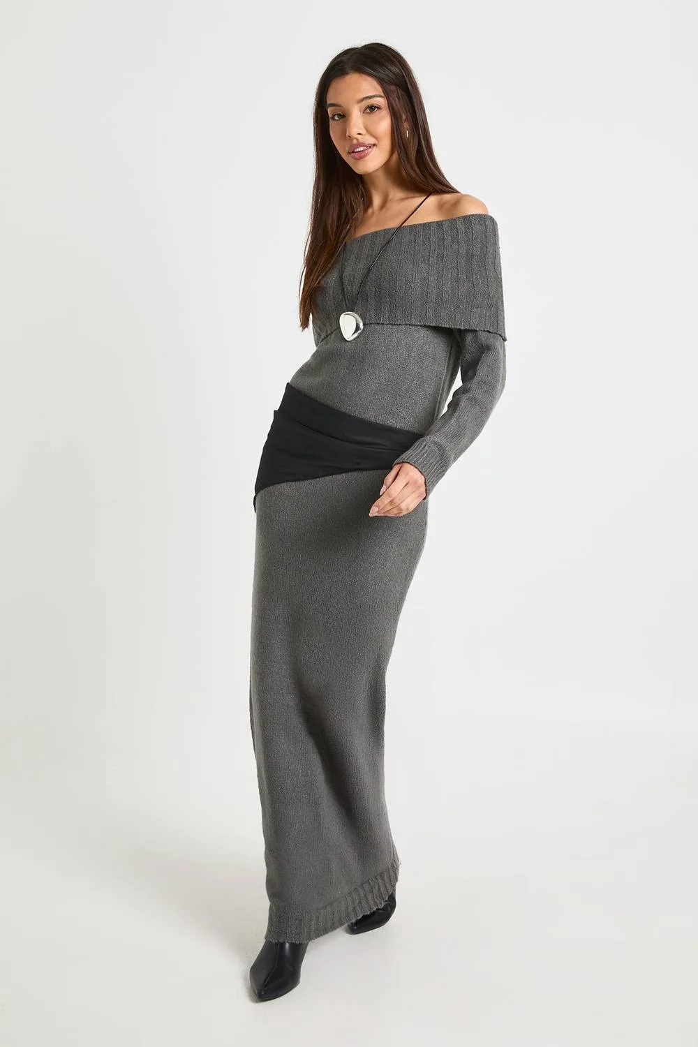 Premium Oversized Bardot Neckline Maxi Jumper Dress by boohoo