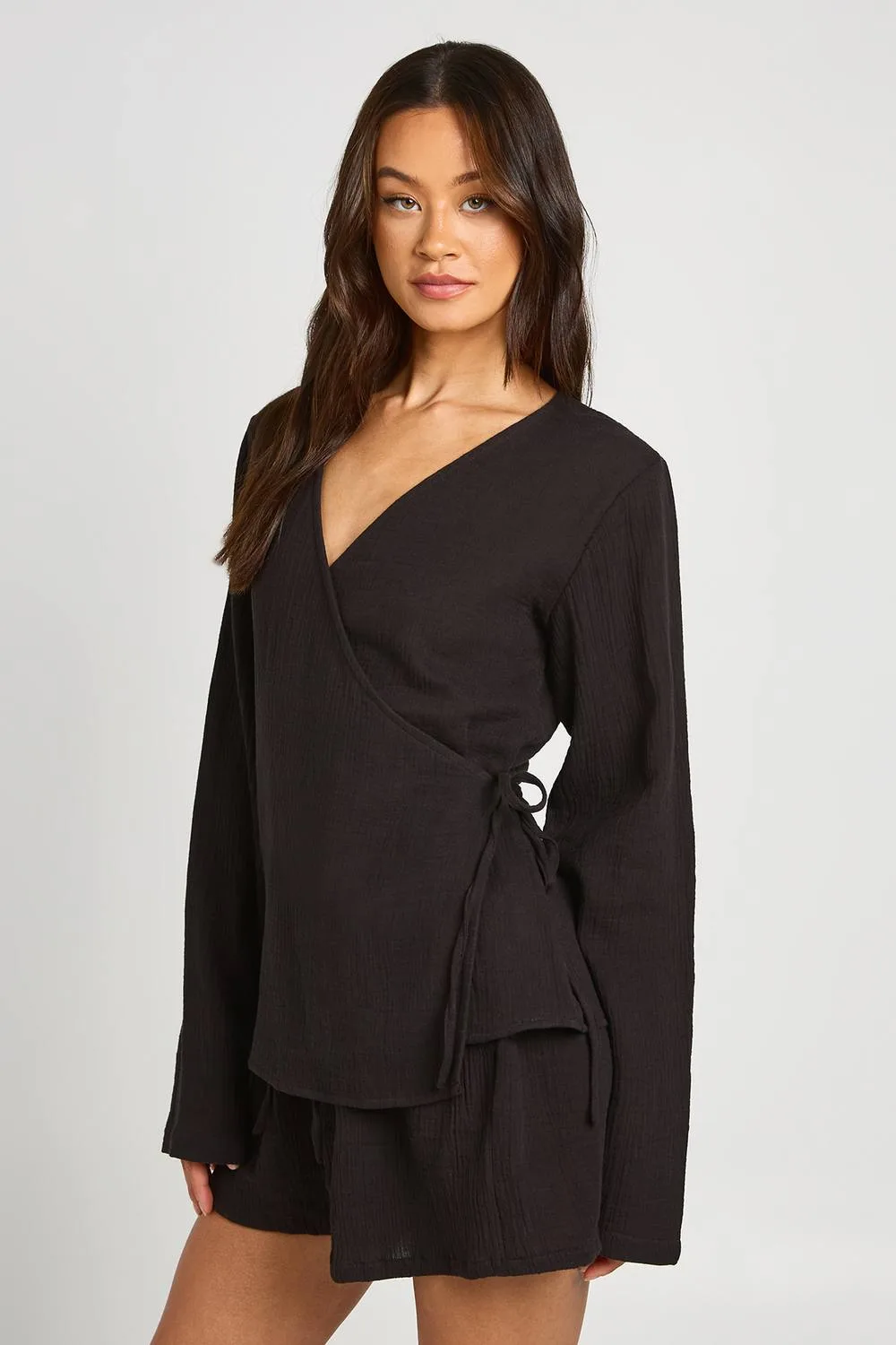 Cheesecloth Tie Side Wrap Shirt Co-Ord by boohoo