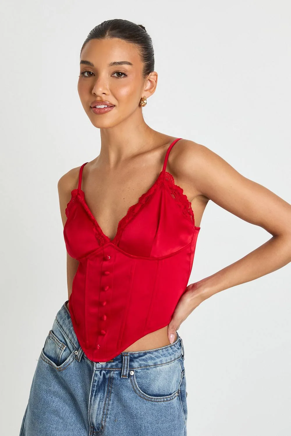 Lace Trim Boned Corset Top by boohoo