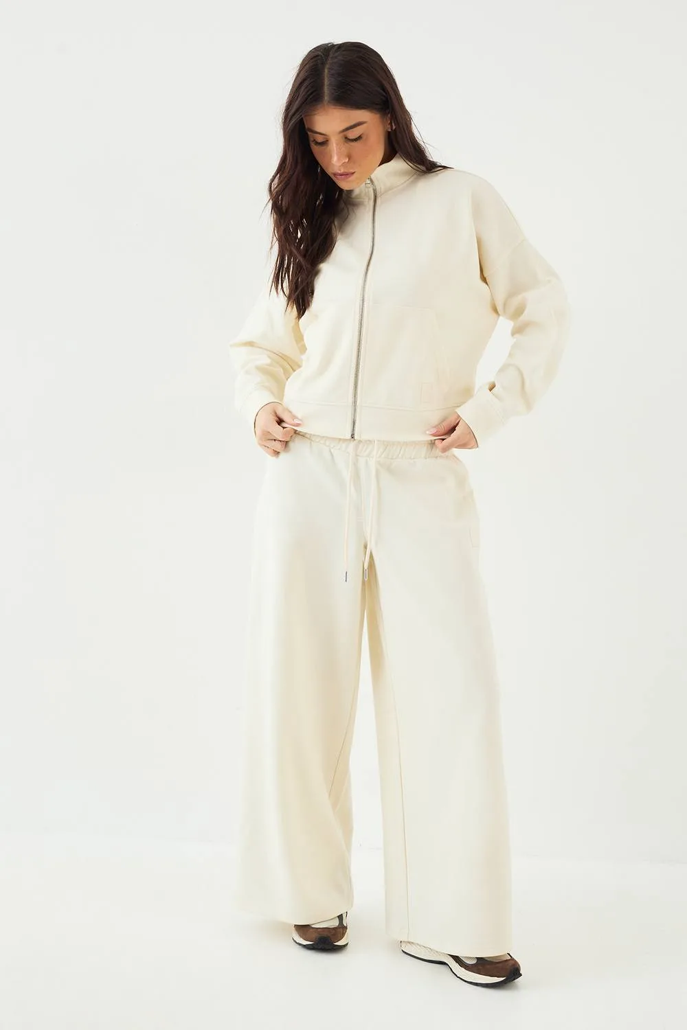 Deep Waistband Interlock Wide Leg Jogger Pants by DSGN Studio