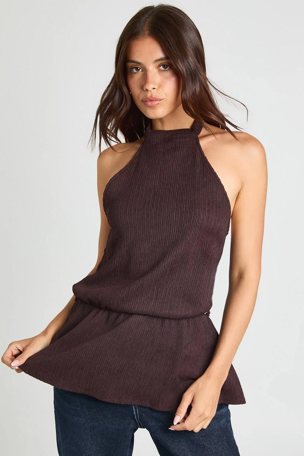 Plisse High Neck Tie Waist Sleeveless Top
