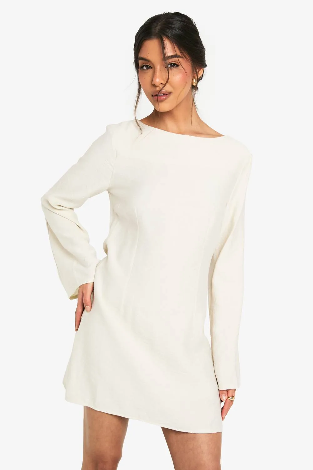 Linen Long Sleeve Slash Neck Tailored Mini Dress by boohoo