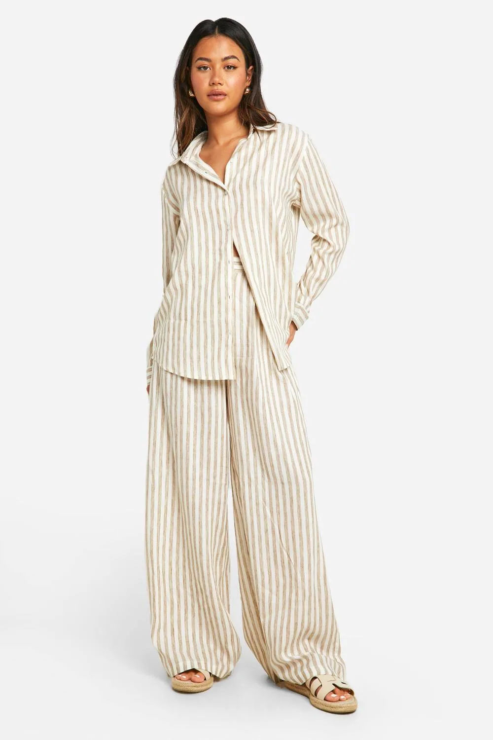 Stripe Linen Look Wide Leg Trousers by boohoo