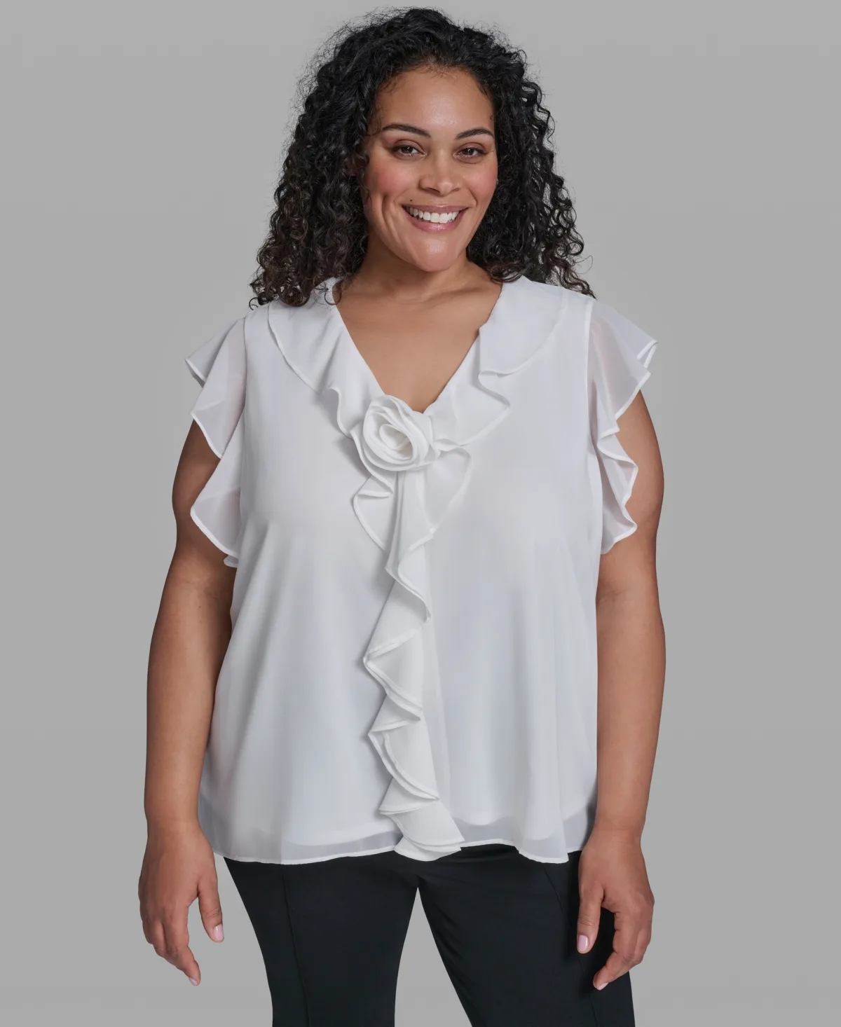 Rosette V-Neck Ruffle Blouse Top by Karl Lagerfeld Paris