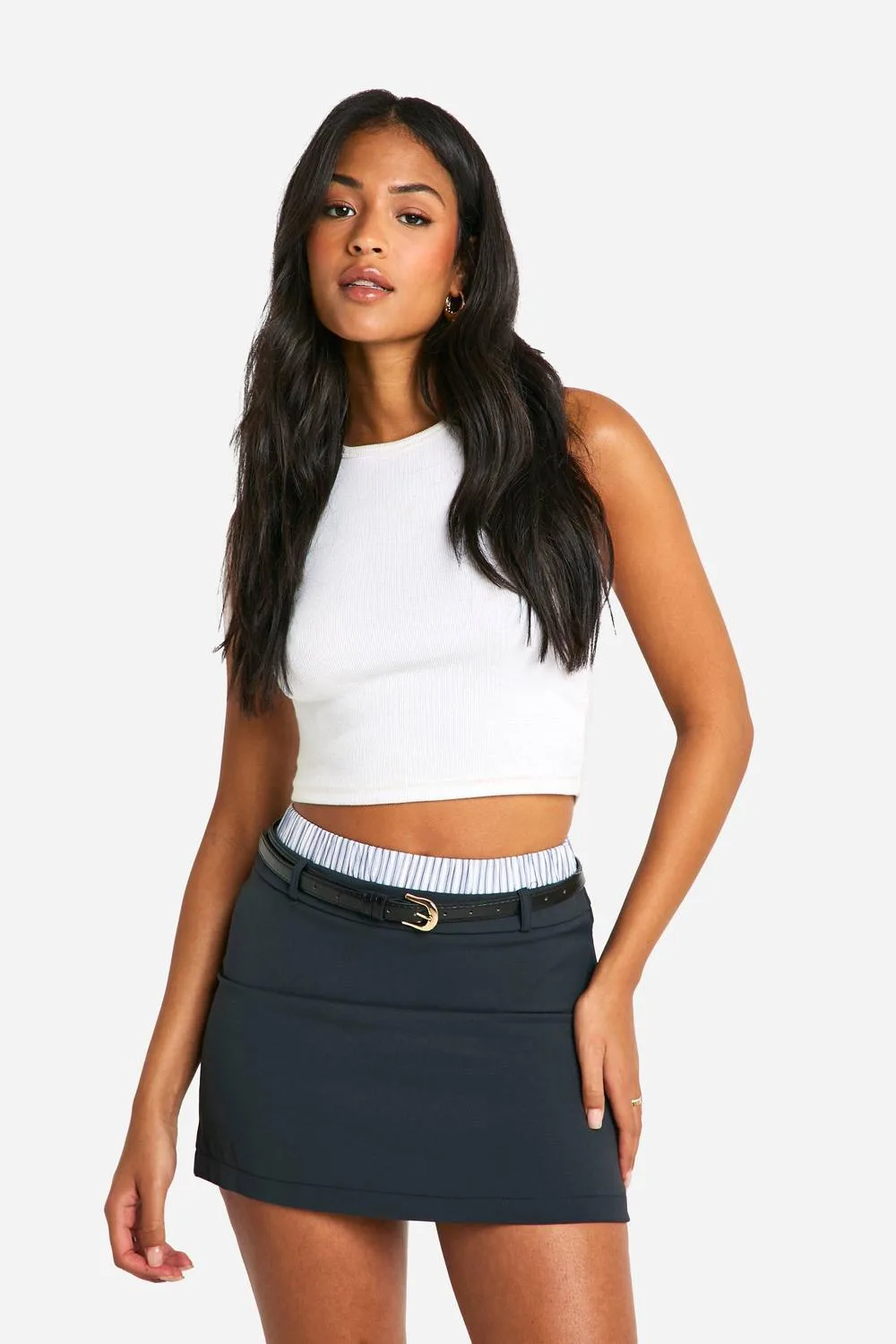 Contrast Stripe Boxer Waistband Belted Mini Skirt