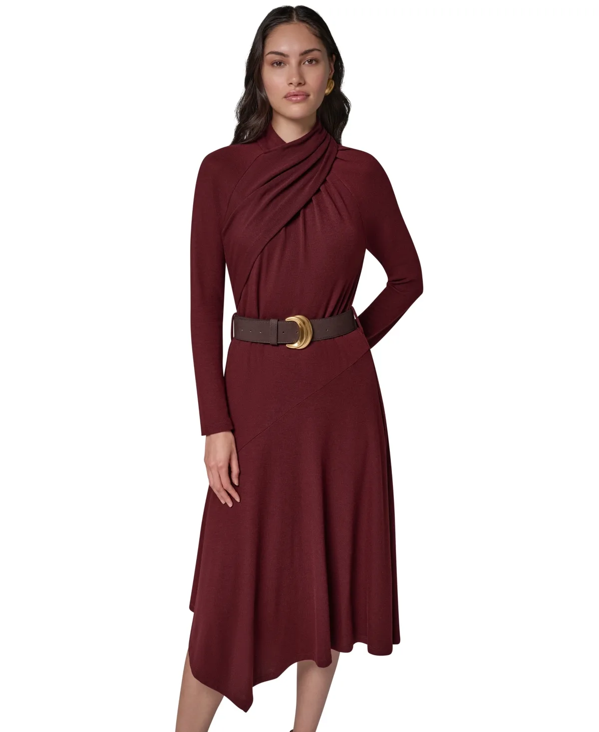 Long-Sleeve Mock-Neck Asymmetrical-Hem Midi Dress by Donna Karan New York