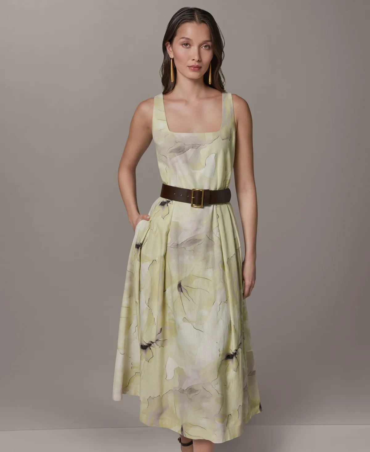 Printed Square Neck Midi Dress by Donna Karan New York