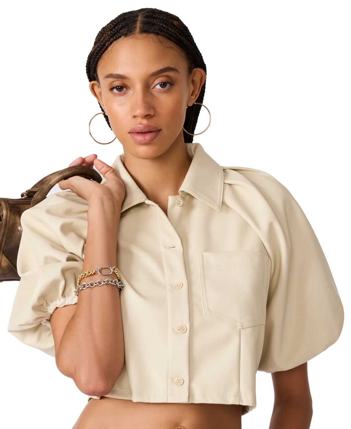 Reece Collared Short-Sleeve Crop Top by Steve Madden
