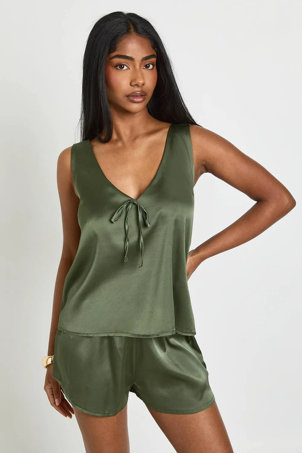 Satin Scoop Neck Cami & Runner Short Co-Ord by boohoo