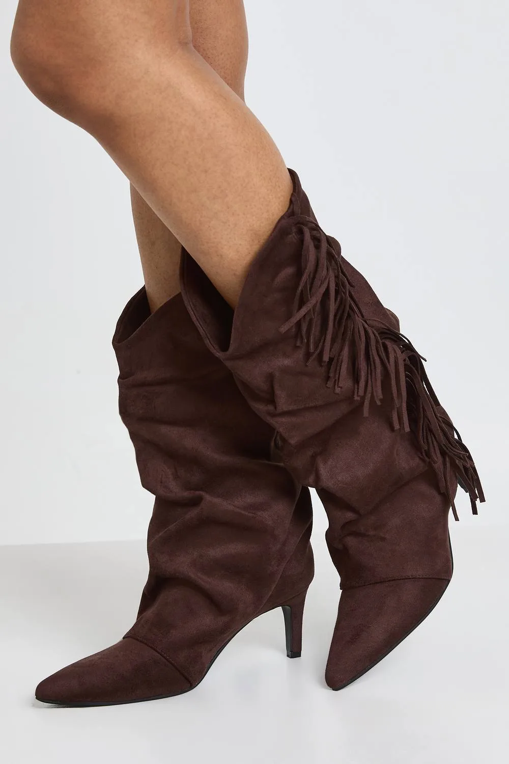 Faux Suede Tassel Calf High Slouchy Stiletto Boots